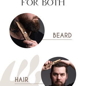 May include: Wooden comb with a folding handle, shown being used on both a beard and hair. The text "USE THIS COMB FOR BOTH BEARD HAIR" is displayed at the top of the image. The comb has the text "Cool Dads Have Beards" on the handle.