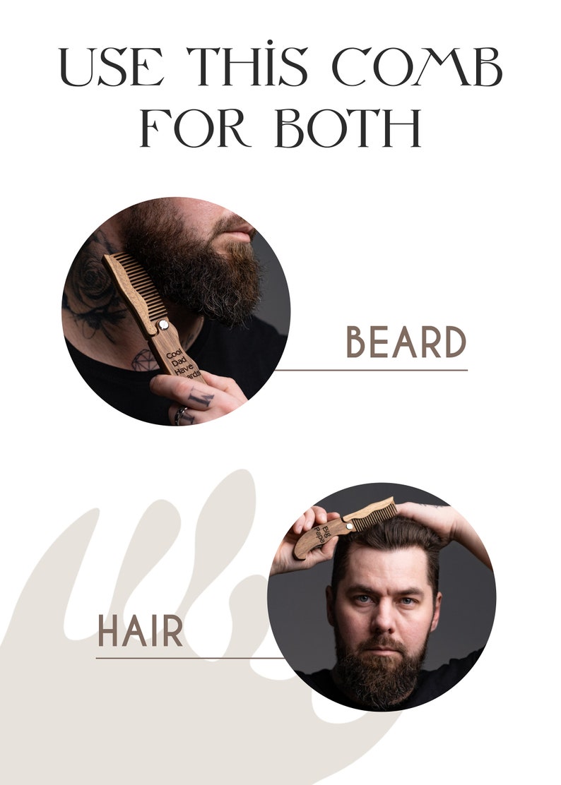 May include: Wooden comb with a folding handle, shown being used on both a beard and hair. The text "USE THIS COMB FOR BOTH BEARD HAIR" is displayed at the top of the image. The comb has the text "Cool Dads Have Beards" on the handle.