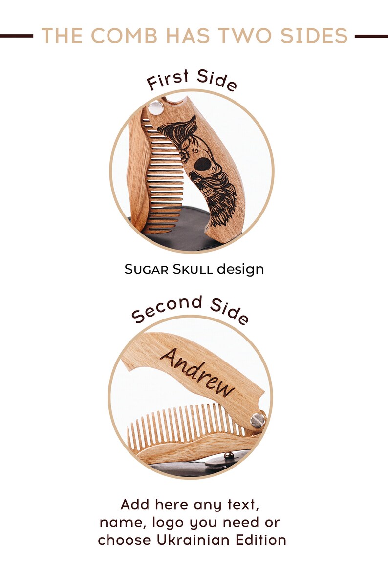 Może przedstawiać: Drewniany grzebień dwustronny. Jedna strona ma wz&oacute;r cukrowej czaszki, druga strona ma wygrawerowane imię "Andrew". Tekst "THE COMB HAS TWO SIDES" znajduje się na g&oacute;rze. Tekst "Add here any text, name, logo you need or choose Ukrainian Edition" znajduje się na dole.