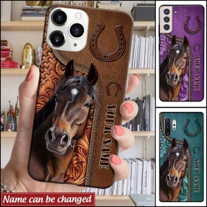 Horse Love Leather Pattern Personalized Phone Case, Love Horse Breeds Custom Name Phone Case, Gifts for Horse Lover, Custom Phone Case