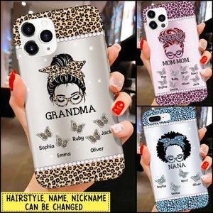 Personalized Leopard Messy Bun Grandma with Butterfly Grandkids Phone case, Messy Bun Nana Customized Butterfly Kids Names Phone Case