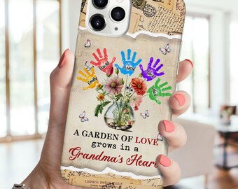 Personalized Grandma Mom Flower Hand Print Mother's Day Gift Retro Floral Phone case, Nana Heart Watercolor Flower Handprint Kids Phone case