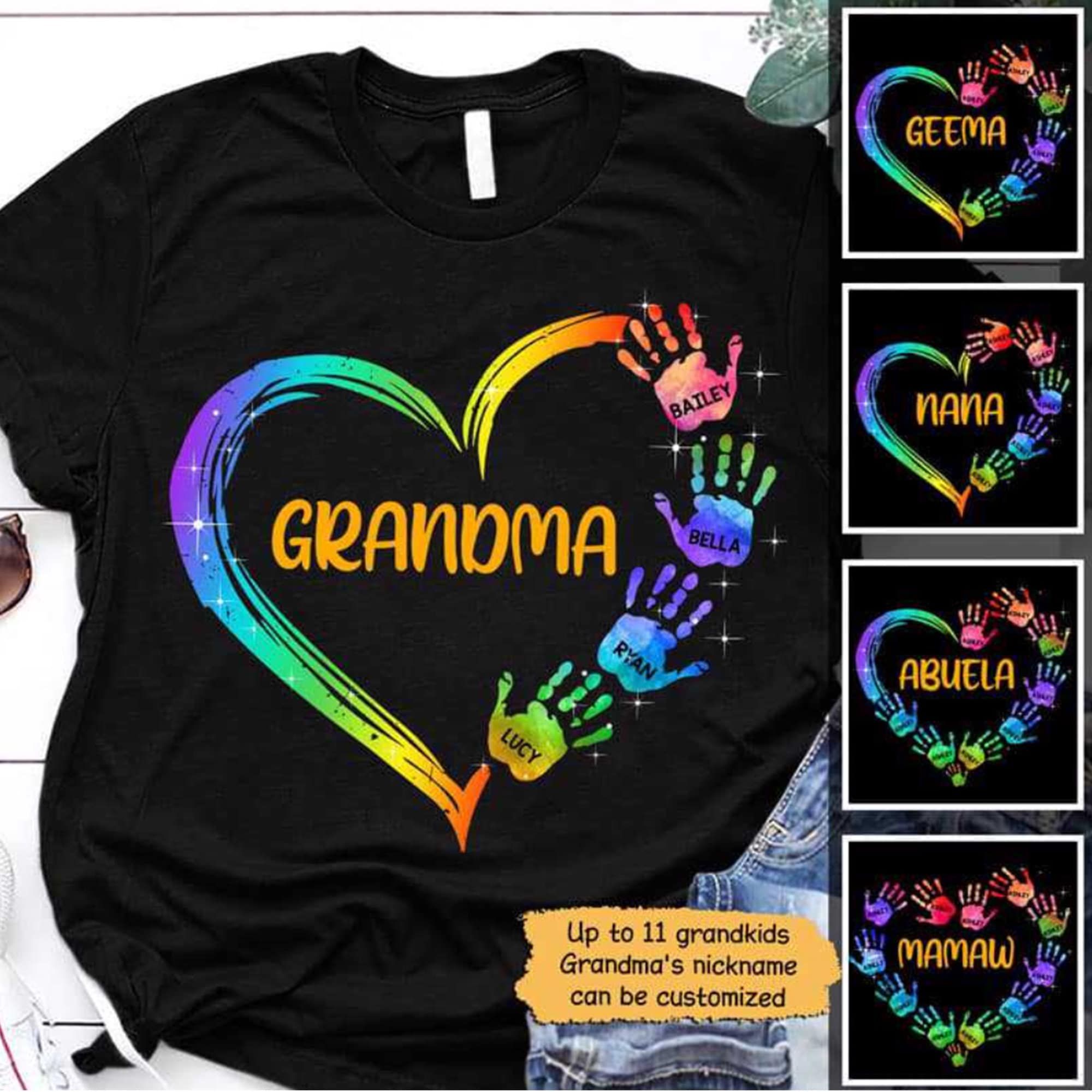 Grandma Mom Heart Hand Print Personalized Shirt Gifts for Nana, Grandma ...