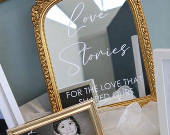 Small mirror decals Love stories, gifts and cards, desert table, signature drinks, Memory signs