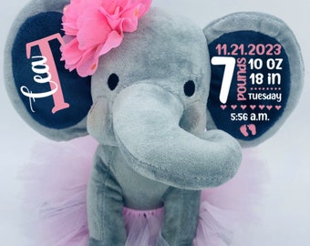 personalized elephant, stuffed animal gift, birth announcement, baby shower gift, newborn gift, new baby gift, baby gift, baby keepsake