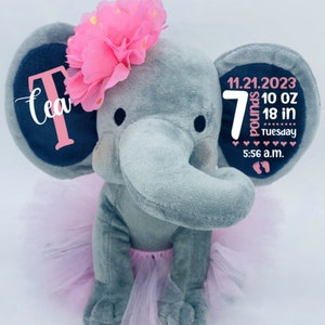 personalized elephant, stuffed animal gift, birth announcement, baby shower gift, newborn gift, new baby gift, baby gift, baby keepsake