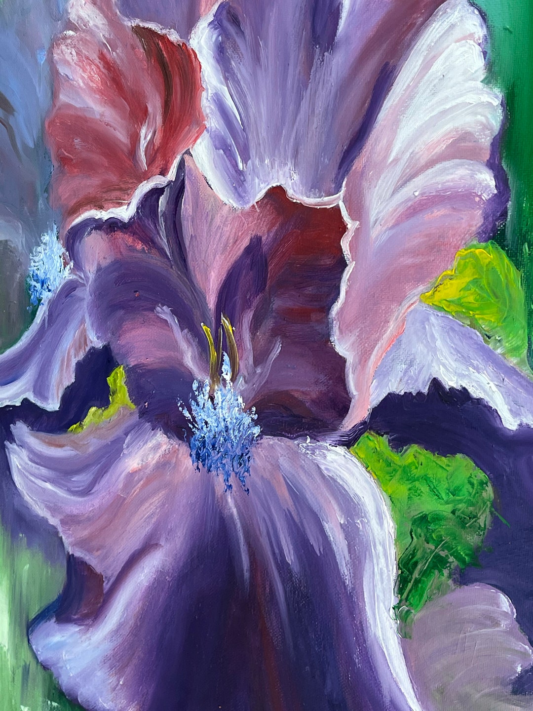 Bright Purple Iris Flower Original Oil Painting on Canvas Size 16x20 by ...