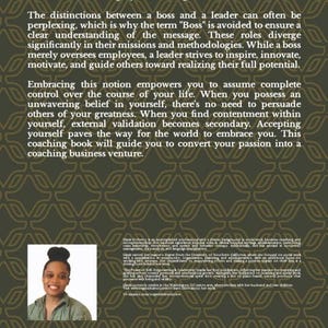 May include: The back cover of a book titled "The Power of Self-Empowering Leadership" with a green and gold patterned background. The book features a photo of a woman with a dark bun and a black shirt. The text on the back cover describes the book's content and the author's background. The ISBN number is 9798866061853.