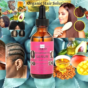 Puede incluir: Una botella de vidrio marrón con un gotero que contiene un suero para el crecimiento del cabello. La etiqueta de la botella dice "Organichairsolution Hair Regrowth Serum" y "Size 2oz/60ml fl oz". La botella está rodeada de varios ingredientes, incluyendo aguacate, mango, almendras y cúrcuma.