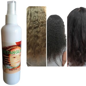 Pu&ograve; includere: Una bottiglia bianca con un'etichetta verde che dice "Organic Hair Solutions Detangle". L'etichetta dice anche "Ammorbidisce, pettine, idrata, elimina la rottura, per tutti i tipi di capelli, dimensione 8 oz". La bottiglia &egrave; accanto a tre immagini di capelli prima e dopo l'uso del prodotto. I capelli sono ricci e sembrano essere districati dopo l'uso del prodotto.