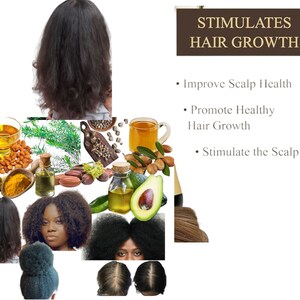 Pu&ograve; includere: Un collage di immagini che mostrano gli ingredienti e i benefici dell'olio per la crescita dei capelli. Gli ingredienti includono avocado, mandorle, argan e rosmarino. I benefici includono il miglioramento della salute del cuoio capelluto, la promozione di una crescita sana dei capelli e la stimolazione del cuoio capelluto.