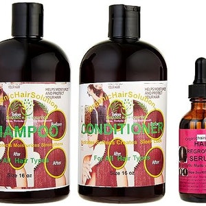 Puede incluir: Tres botellas marrones con etiquetas para champú, acondicionador y suero para el crecimiento del cabello. Las botellas están etiquetadas como "Organic Hair Solution" y muestran imágenes de antes y después del cabello. La botella de suero está etiquetada como "Suero para el crecimiento del cabello" y es de 2 oz/60 ml.