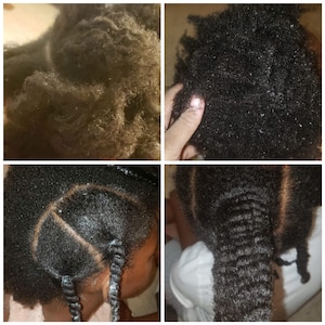 Pu&ograve; includere: Primo piano dei capelli di un bambino che vengono acconciati in trecce. I capelli sono bagnati e coperti da un prodotto bianco. I capelli vengono acconciati in un motivo sezionato.