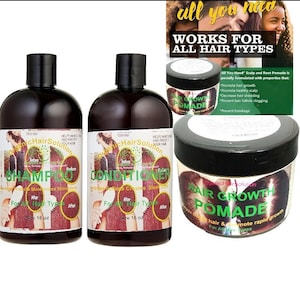 Organic Hair Solution- Hair Growth Set -Organic Pomade+Shampoo+Conditioner-Hair Growth, Thicker Hair, Fast Hair Growth-For All Hair Types-