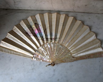 Large antique fan with mother-of-pearl ribs and hand-painted silk country