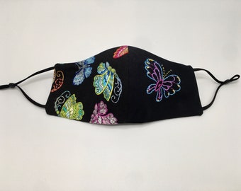 Butterfly Face Mask Hand Embroidered & Beaded Adjustable Elastic Ear Loops Removable Nose Bar