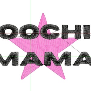 May include: Black embroidered text "Hoochie Mama" with a pink star in the center.