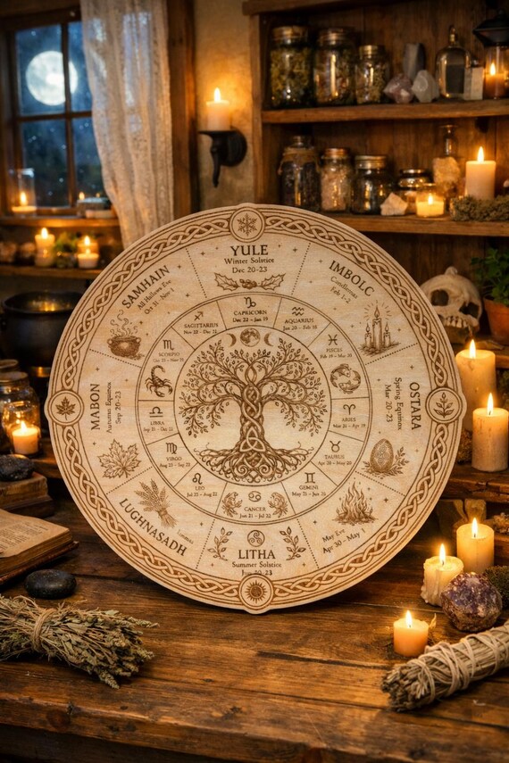Wheel of the Year Pagan Wall Art • Wiccan Sabbat Calendar • Engraved Basswood/Walnut Wood Altar Decor