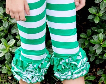 Little Girls Ruffle Capris Christmas Leggings Girls Clothing Green Striped Icing Leggings Layering Ruffle Capri Pants, Strawberry Shortcake