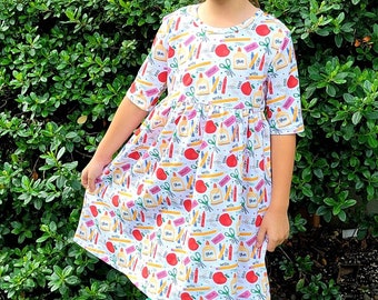 First Day of School Dress Little Girls Soft Cotton Dress Apple School Dress, Skater Dress, Casual Dress Boutique Clothes