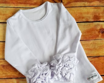 Girls White Icing Ruffle Shirt, Toddler Boutique Little Girls Long Sleeve Soft Cotton White Triple Ruffle Layering Top