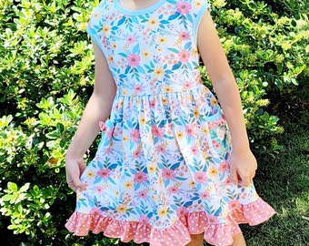 Little Girls Dress, Toddler Dress, Summer Flowers Soft Cotton Dress Big sister Girls Clothing