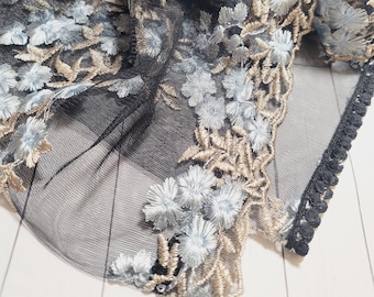 Infinity Chapel Veil, Black and Blue Floral Lace Veil, Lace Mantilla Veils