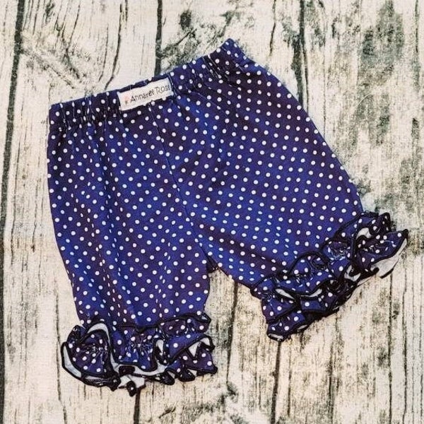 Ruffle Shorts Blue and White Polka Dot Little Girls Shorts, Cotton Toddler Shorts, Baby Bloomers Layering Shorts Twirl Ruffles