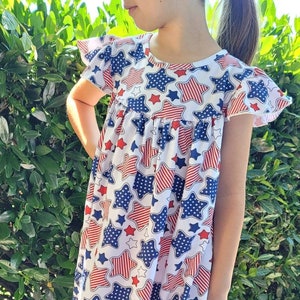 Girls Patriotic Dress: Red White Blue Star Print Cotton Flutter Sleeve