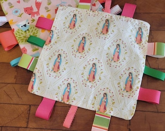 Baby Sensory Toy Blanket, Bright Colored Lovey, Baby Girl Tag Blanket, Mama Mary Security Crinkle Blanket
