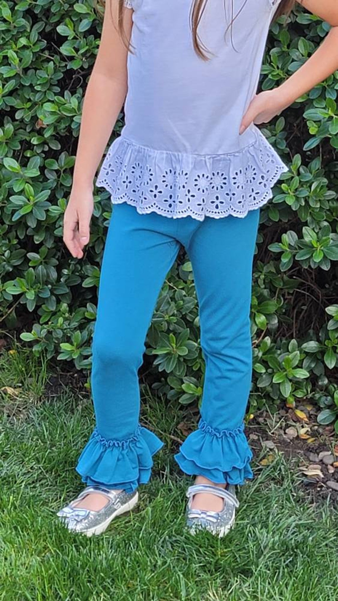 Teal Ruffle Leggings Little Girl, Baby and Toddler Soft Cotton Button