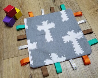 Baby Sensory Blanket, Cross Lovey, Gender Neutral Baby Tag Blanket Christian Security Crinkle Toy, Baptism Gift