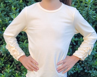 Ivory Ruffle Top Toddler, Little Girls Long Sleeve Soft Cotton Layering Top, BUTTON RUFFLE SHIRT