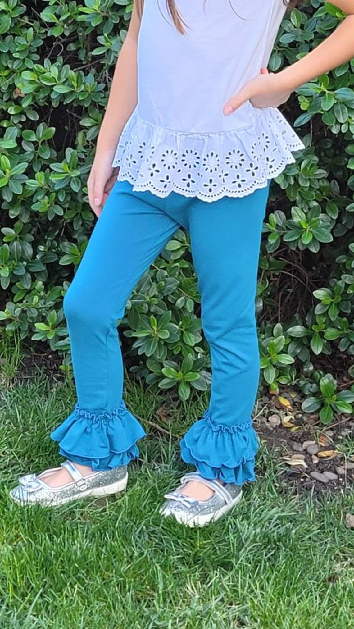 Teal Ruffle Leggings Little Girl, Baby and Toddler Soft Cotton Button