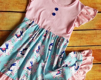 Girls Bunny Dress, Flutter Claire Dress, Bunny Print, Little Girls Soft Cotton Blue and Pink Summer Dress Toddler girls dress