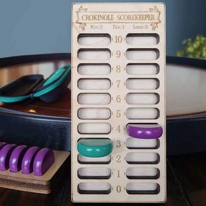 Puede incluir: Un marcador de puntuación de crokinole de madera con una pancarta que dice "Crokinole Scorekeeper". El marcador de puntuación tiene ranuras para 10 puntos, 9 puntos, 8 puntos, 7 puntos, 6 puntos, 5 puntos, 4 puntos, 3 puntos, 2 puntos, 1 punto y 0 puntos. Hay dos fichas moradas y una ficha verde en las ranuras. El marcador de puntuación también tiene un contador de victorias, empates y derrotas. El contador de victorias muestra 2, el contador de empates muestra 1 y el contador de derrotas muestra 0.