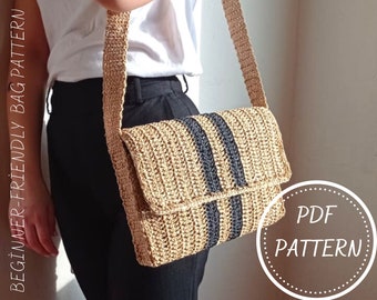Crochet Bag Pattern, Summer Bag, Crochet Messenger Bag Tutorial, Eco Friendly Women Shoulder Bag, Boho Straw Bag, Christmas Gift