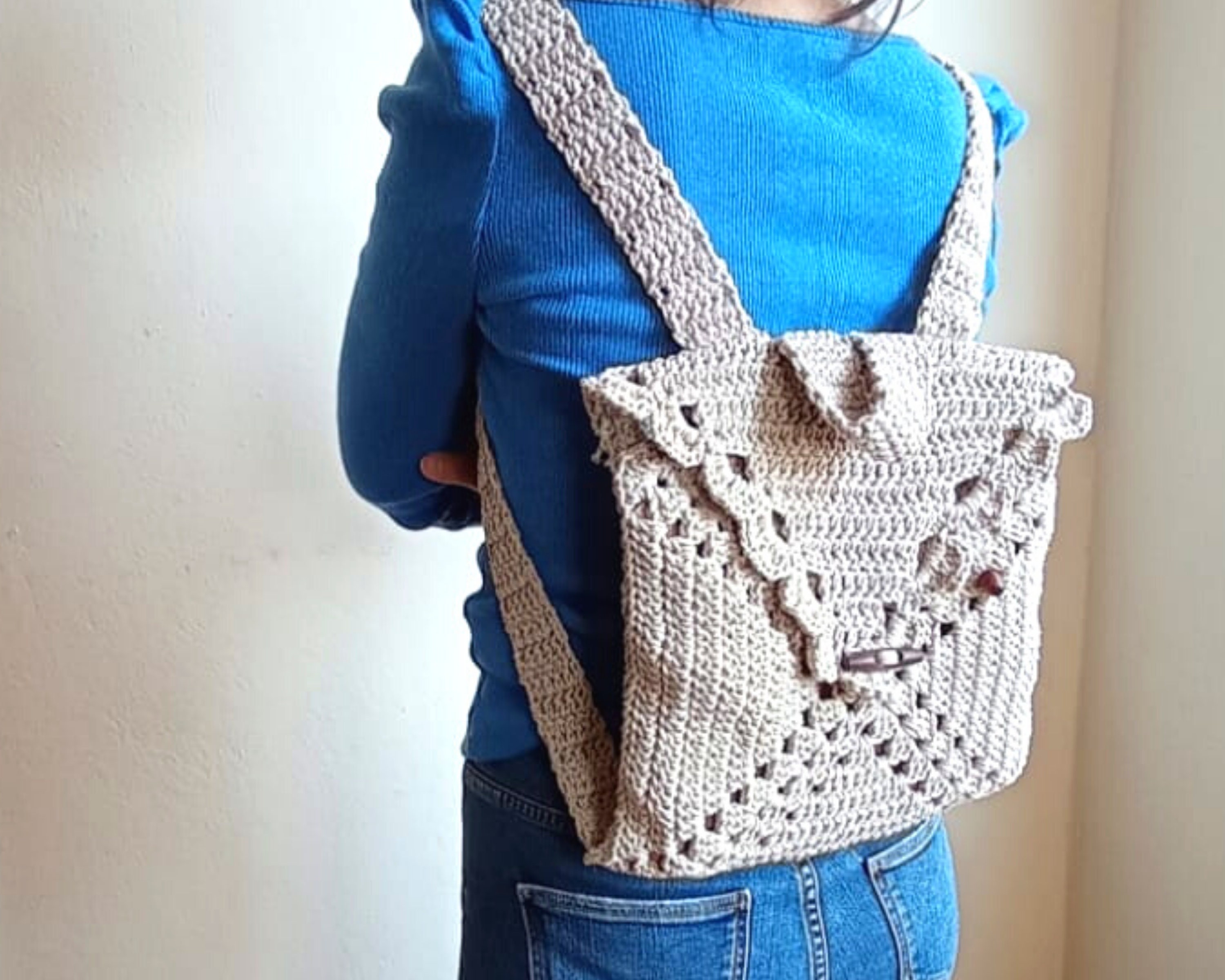 Crochet Boho Backpack: Gray Cotton Rope Daypack With Handle 