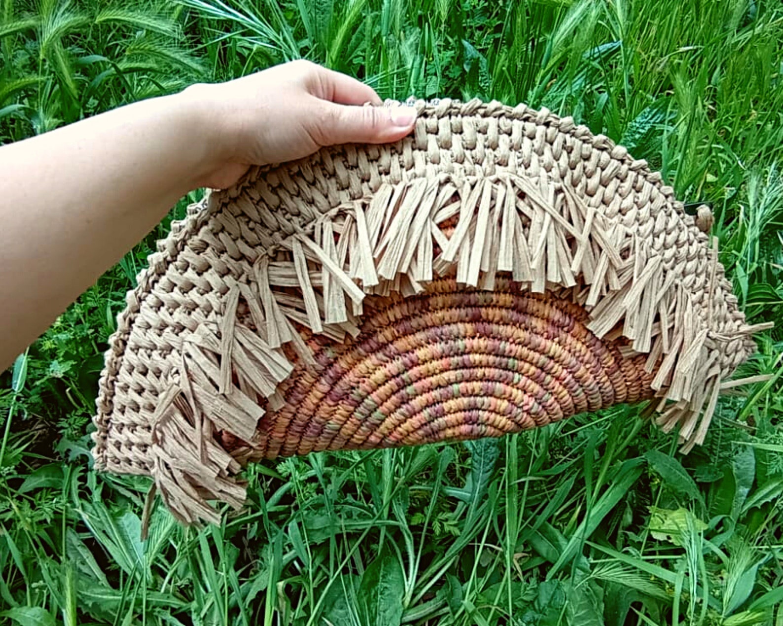 Raffia Fringe Accented Flap Clutch Bag main image 1