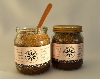 Vanilla and Brown Sugar Face & Body Scrub. 375g  Jar with Wooden Spoon. Natural Skin Care