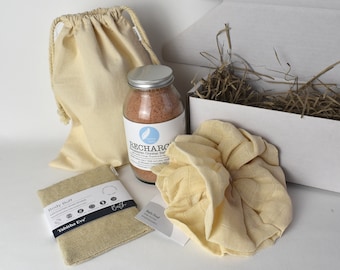 Recharge Luxury Body Care Gift Box. Bath Salts. Body Scrub. Organic Shower Pouf. Body Buff.