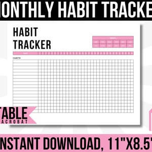FILLABLE Editable Monthly Habit Tracker Printable Landscape, Habit Tracker Template, Routine Tracker, 30 Day Habit Challenge,