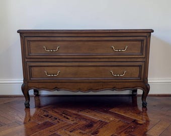 French Provincial Walnut Dresser | Lowboy Chest | Louis XV Style Vintage Wood Dresser |  TV Stand | Traditional Bedroom Storage Furniture