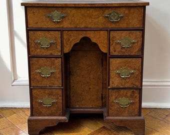 Vintage Baker Furniture Burl Walnut Kneehole Desk |  Georgian Style Writing Desk | Traditional Office Desk | Small Scale Vanity Desk
