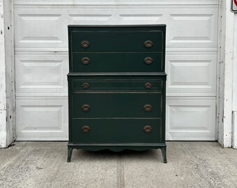 Beautiful Distressed Vintage Green Dresser, Chest of Drawers, Highboy, Green Furniture, Dark Green Dresser, Bedroom Set, Shabby Chic Dresser