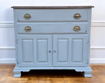 Impresionante servidor vintage desgastado, aparador, mueble de bar, muebles de comedor vintage, muebles azul claro, servidor azul grisáceo, madera desgastada