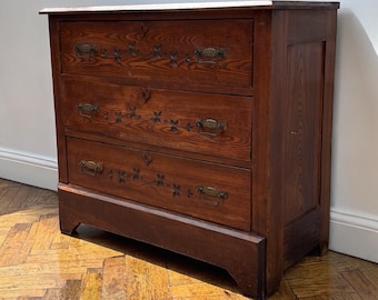 Antique Primitive Carved Wood Chest of Drawers | Rustic Folk Art Dresser | Early 20th Century 3 Drawer Chest | Vintage Country Storage