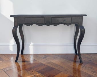 French Provincial Console Table, Louis XV Style Vanity Desk, Vintage Curved Leg Writing Table, Parquet Top Entryway Table, Solid Wood Table