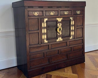 Vintage Korean Style Cabinet | Asian Inspired Tansu Chest | Ming Style Brass Hardware Accent Cabinet | Chinoiserie Storage