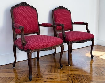 Vintage French Louis XV Style Armchairs | Pair Vintage Accent Chairs | Upholstered Bergere Chairs | Carved Wood Living Room Seating
